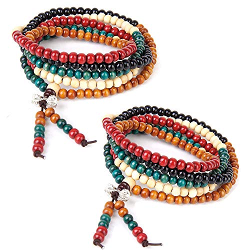 Hantier 2 Pack 6mm Multicolor Tibetano 216 Cuentas Buda Budista Collar Pulsera, Pulsera Budista de Los Granos del Rezo del Sándalo, Meditación Collar de Piedra