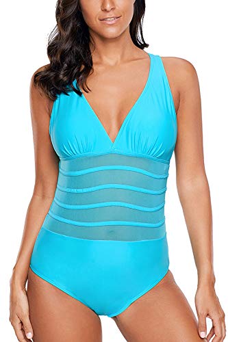 Happy dumplings Bañador para Mujer Beach Essential Traje de baño Anti-UV de una Pieza Mochila con Cuello en V Belly Slim Conservative Traje de baño de Gran tamaño,Blue,L