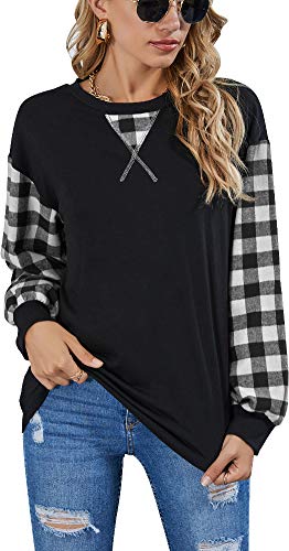 herdress Sudadera de cuello redondo para mujer, manga raglán, diseño clásico a cuadros, color bloque blanco-1 XL