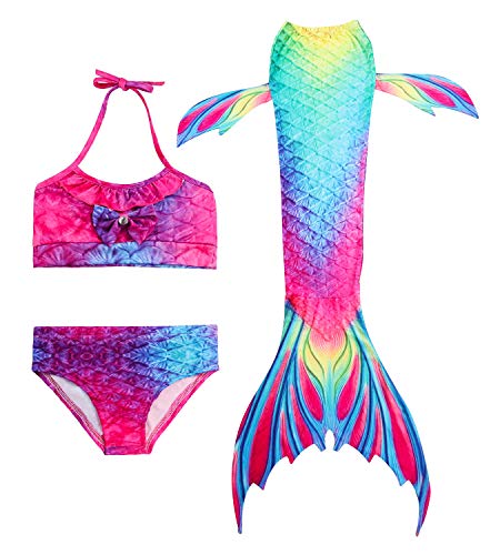 Hifunbay Cola de Sirena niña para Nadar Incluido Traje de Sirena baño de Bikini de 3 Piezas (DH02,130)