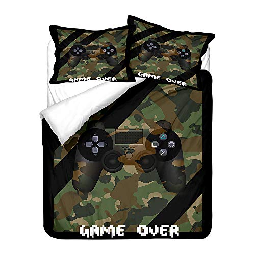 Hiser Juego de Ropa de Cama de 3 Piezas - 3D Juego de Fundas de Edredón - Microfibra de 1 Funda Nórdica 2 Funda de Almohada - Impresión de Consola Juego (Ejercito Verde,220x240cm)