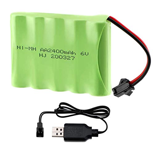 Hootracker 6V 2400mAh Ni-MH AA Rechargeable Battery Pack with SM-2P 2Pin Plug and USB Charger Cable for RC Truck Cars Vehicles