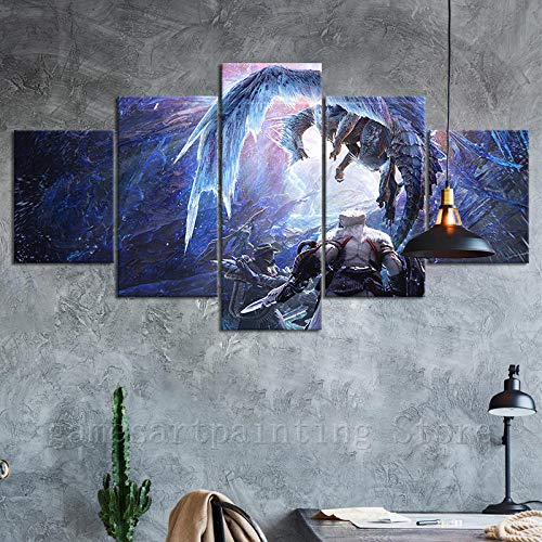 IILSZMT 5 Piezas Impresión En Lienzo Figura De Juego Monster Hunter Iceborne Cuadro para Sala Estar Póster De Arte Pared Pintura Decoración Hogar 150Cmx80Cm Sin Marco