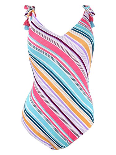 Jessica Simpson Women's Striped V-Neck One-Piece Swimsuit (S, Blossom Multi)