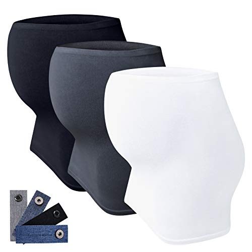 JMITHA 2pcs Banda de Vientre para Mujeres Embarazadas Extensor de Cintura Sin Costura + 4 Botón de extensión Ajustable para Pantalones (Negro + Blanco + Gris, L)