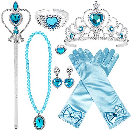 Joinfun Disfraces Princesa Niña Princesa Disfraz Elsa Accesorios Niña Princesa Collar Corona Guantes Pendiente Varita Mágica Pulsera Anillo Princesa Joyas Cosplay Accesorios 9 Piezas