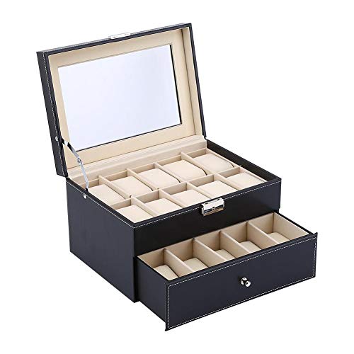 Joyero de 2 capas, 20 rejillas de piel, reloj vitrina de almacenamiento para hombres o mujeres, caja de joyas con caja de relojes, caja de relojes con cierre de tapa de cristal