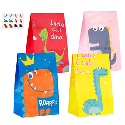 JOYUE 40 Pcs Bolsas de Fiesta Dinosaurios, Bolsas de Papel de Caramelos, Bolsa de Regalo Ambiental con 72 Pegatinas de Dinosaurios, Bolsas de Kraft Colores para Niños Suministros Fiesta de Cumpleaños