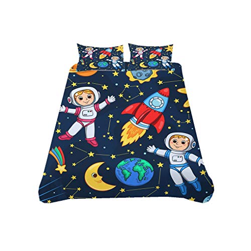 Juego de Cama 3D Dibujos Animados Astronauta Tema del Espacio Exterior Cohete Negro Azul Púrpura Multicolor Funda Nórdica con Cremallera, Niño Chico Adolescente (Estilo 1,150x200 cm - Cama 90 cm)