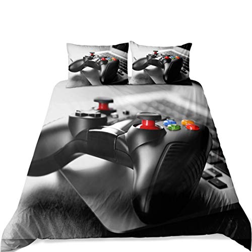 Juego de Cama 3D Gamepad Gamer Creativo Decoración Funda Nórdica Video Game Player Ropa de Cama Funda de Almohada Colcha de Controlador de Juego para Jóvenes (Gris, 220x240cm Cama 135 cm)