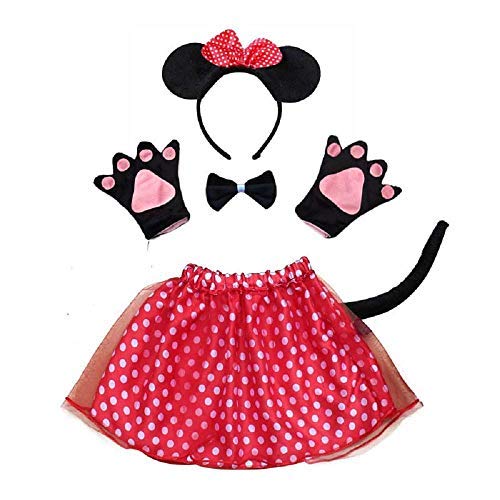 Juego de disfraz de Mickey Mouse, para niña, tutú, diadema, guantes, pajarita, cola y disfraz de Halloween, cosplay, color rojo