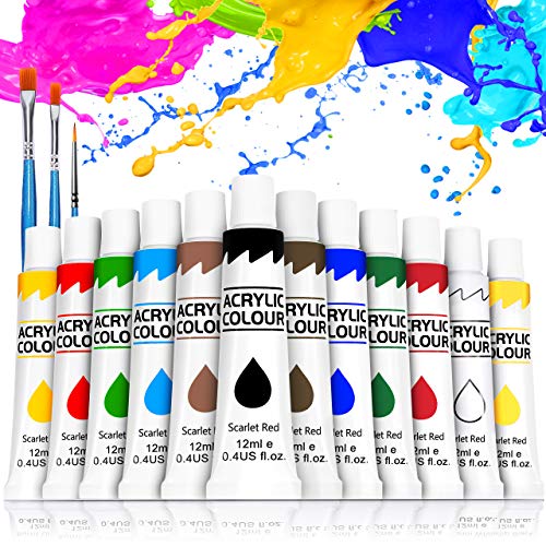 Kit de 12 Pinturas Acrílicas, Buluri Pintura Acrílica 12 ml Tubos con 3 Pinceles, Pintura Acrilica Manualidades, Pinturas Para Lienzo, Papel, Madera, Cerámica