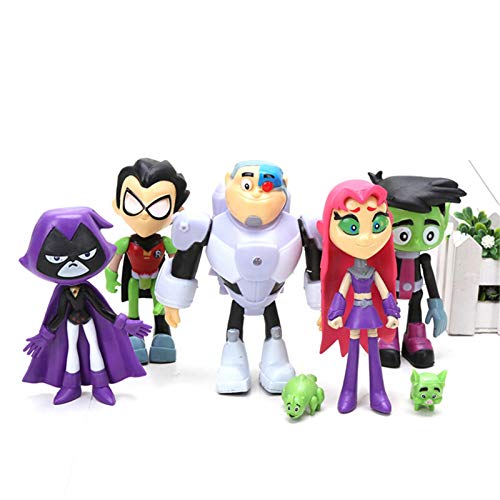 Kongxin 7 Piezas de Figuras de acción de Teen Titans, Super Hero Party Teen Titans Playset Magic Attack Raven Meat Cyborg/Pizza Starfire/Beast Boy Figura de Vinilo Coleccionable de 5.1 Pulgadas