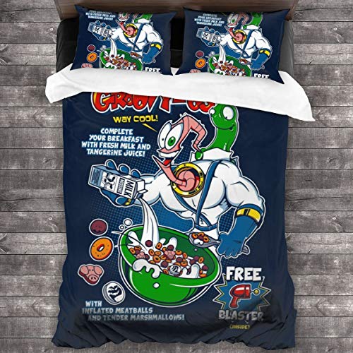 KUKHKU GroovyOs Earth Worm Jim Cereal, juego de cama de 3 piezas, funda de edredón de 86 x 70 cm, juego de cama con 2 fundas de almohada