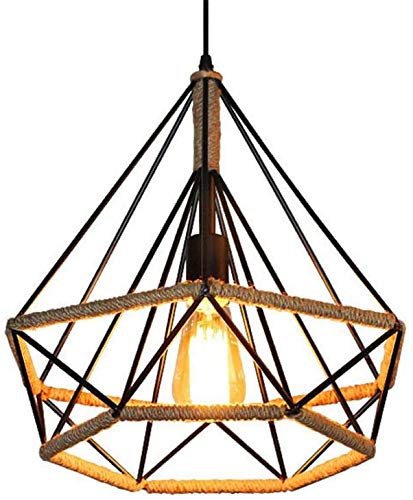 Lámpara Colgante Vintage,cuerda de cáñamo Retro Lámpara de Techo Colgante industrial,Lámpara de suspensión de jaula de hierro en forma de diamante Luces de techo,25 cm