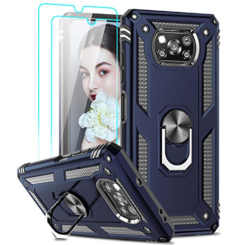 LeYi Funda Xiaomi Poco X3 NFC con [2-Unidades] Cristal Vidrio Templado,Armor Carcasa con 360 Grados Anillo iman Soporte Hard PC y Silicona TPU Bumper Antigolpes Case para Movil Poco X3,Azul