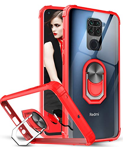 LeYi Funda Xiaomi Redmi Note 9,Transparente Carcasa con 360 Grados iman Soporte Silicona Bumper Antigolpes Armor Case para Movil Redmi Note 9,Clear Rojo