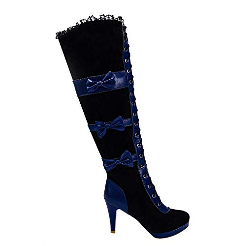 Logobeing Botines Tacones Altos Mujer Cosplay Medieval Botas de Cuero Negras sobre La Rodilla Veganas Gothic Lolita Bows (35, Azul)