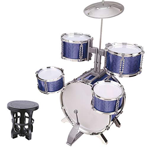 LuoKe Rock Band Jazz Drum Set Instrumentos de percusión Kit de batería Música Juguetes educativos Festival Regalo con 5 piezas de batería y taburete para niños Niños