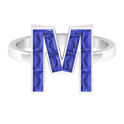 M Anillo inicial del alfabeto, anillo de piedras preciosas de corte cónico, anillo de tanzanita de 1,9 ct, anillo de carta personalizado, 14K Oro blanco, Size:EU 53