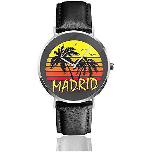 Madrid Vintage Sun Watches Reloj de Cuero de Cuarzo con Correa de Cuero Negra para Regalo de colección