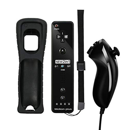 Mando a Distancia para Wii, Motion Plus mandos a Distancia y Nunchuck con Funda de Silicona para Wii y Wii U (Negro Motion Plus)