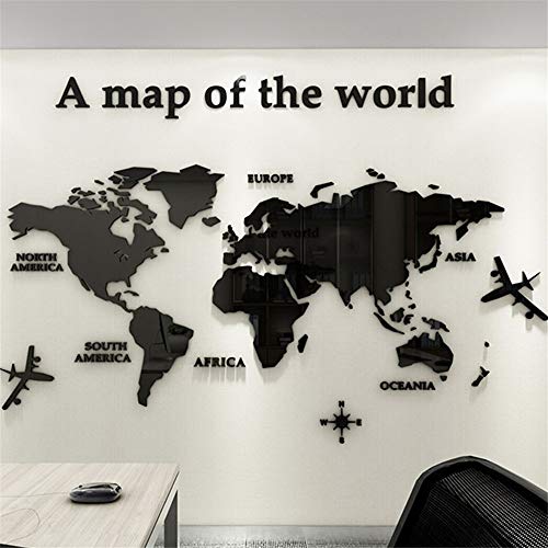 Mapa Del Mundo 3D Cristal Tridimensional Pegatinas De Pared Oficina Estudio Sala De Estar Sofá Fondo Tatuajes de Pared Decoración de Pared (M-120 * 60cm, Negro)