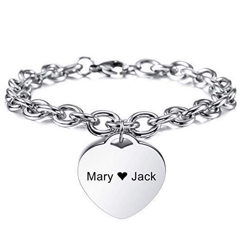 MeMeDIY Pulsera Personalizada Nombres Grabados para Mujeres Niñas Acero Inoxidable Tobillera Ajustable Cable con Corazón Regalos De Dama De Honor Pulseras De Mejor Amigo (Plata Color)