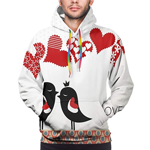 Men's Hoodies 3D Print Pullover Sweatershirt,Queen and King Bird Couple Kissing Hanging Valentines Heart and Abstract Pattern,3XL