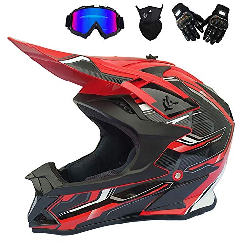 MRDEAR Casco de Motocross Negro Rojo, Pro Casco Cross Adulto con Gafas/Mascarilla/Guantes, Casco Descenso Hombre MX Enduro MTB Quad Off Road ATV Scooter, Forro Extraíble,XL