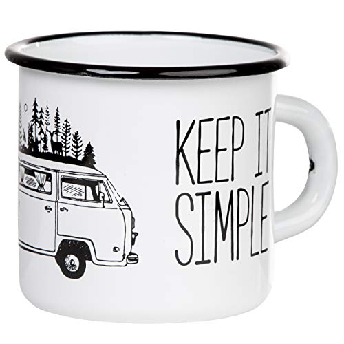 MUGSY Keep it Simple – Take it Easy TASSENWERK | Taza esmaltada con diseño de campervan al aire libre | Taza esmaltada resistente y ligera para camping y trekking | Taza de café retro 330 ml