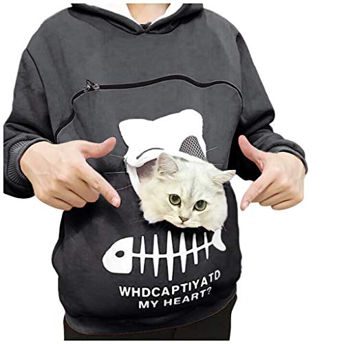 Mujeres Sudadera Portador de Mascotas Sudadera Canguro con Capucha Niña Jersey Bolsillo Funcional de Gato Ropa Tumblr Adolescente Chica Streetwear HULKY(Gris Oscuro,M)