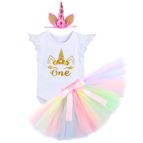 OBEEII Bebé Niñas 1er Cumpleaños Ropa Conjuntos Recién Nacido Princesa Vestido para Fiesta de Cumpleaños Fotos Carnaval Romper Tutu Faldas Corona 3PCS Set de Disfraz para Infantiles 6-18 Meses