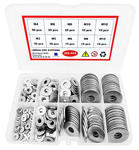 OMEGA CNC SYSTEMS 260 Piezas Arandelas de Ala Ancha de Acero Inoxidable 304 A2 DIN 9021 Surtido Tamaños M3 M4 M5 M6 M8 M10