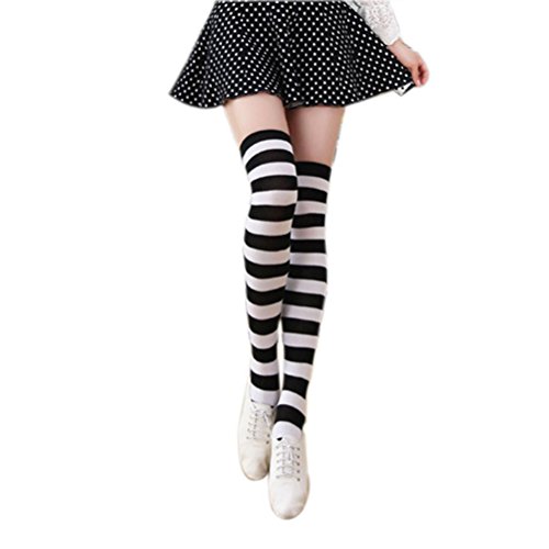 OULII Medias Calcetines Hasta la Rodilla Térmico para Mujer (Blanco Negro Ancho a Rayas)