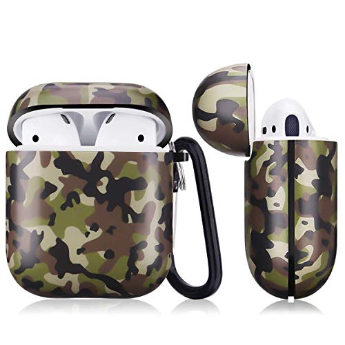 PENYUY Funda para AirPods, diseño de camuflaje suave de silicona resistente a los golpes, funda protectora para Airpod 2 y 1 funda de carga con mosquetón de llavero - verde camuflaje