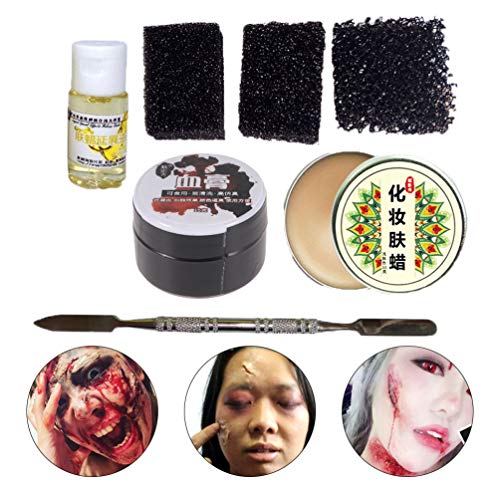 PIXNOR 7Pcs Kit de Maquillaje de Halloween Efectos Especiales Profesionales Maquillaje de Escenario Cicatrices de Heridas Falsas Cera Y Gel de Sangre con Herramientas