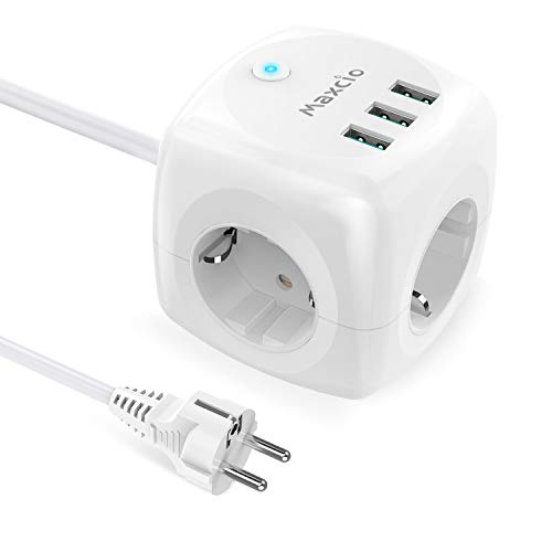 PowerCube con 3 Tomas de Corriente CA y 3 Carga de USB 5V CC, Maxcio Regleta Enchufes con 1.5M Cable de Energía, Enchufes Multiples para Hogar, Oficna, Viaje, 2200W Max, Blanco