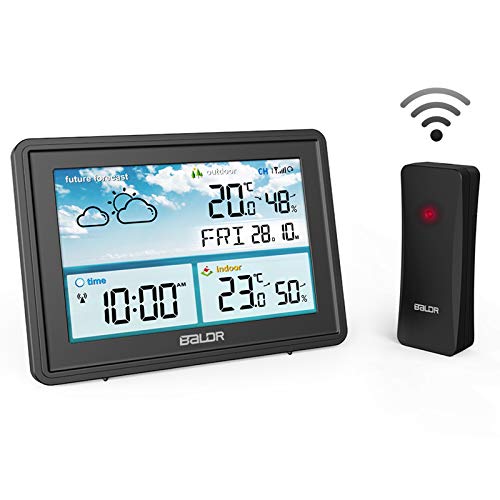 ROVLAK Tiempo Estación Inalámbrico Digital Termómetro Higrómetro Gran LCD Pantalla Frost Advertencia Pronóstico Estación Interior Exterior Temperatura Humedad para Inicio Oficina Guardería (Negro)