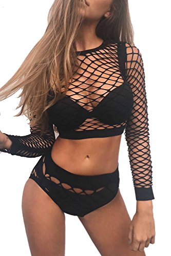 Sevozimda La Mujer Scoop Cuello Crop Top Mesh Co ORD Ver A Traves De Overol Fishnet Lingerie Black M