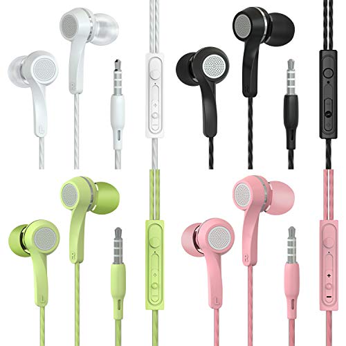 SIKAMARU - Auriculares estéreo con mando a distancia y micrófono, portátiles, aislamiento de ruido, auriculares sin enredos, 4 pares