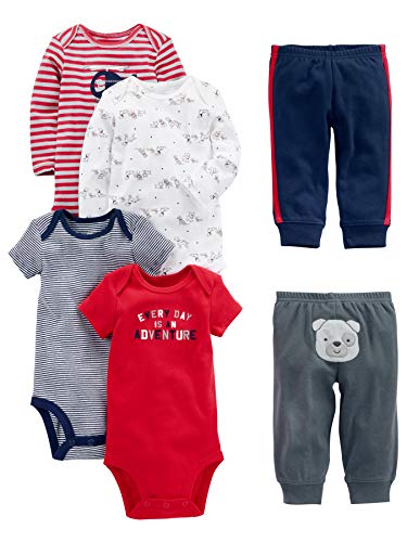 Simple Joys by Carter's Conjunto de 6 piezas de body para bebé (manga corta y larga) y pantalones ,Red/Navy Bear ,3-6 Meses
