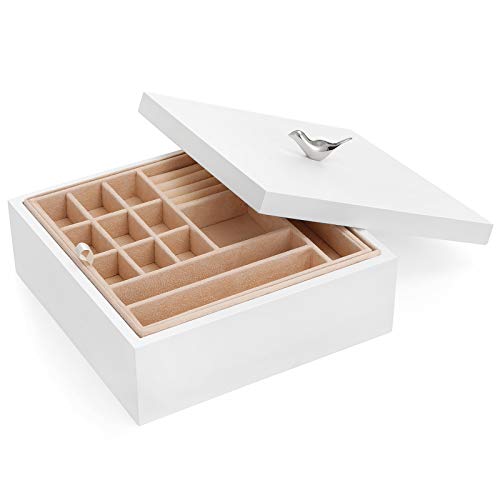 SONGMICS Caja de Joyas de Madera, Organizador de Joyas de 2 Capas con Bandeja Extraíble, Regalo para los Seres Queridos, Blanco JOW11WT