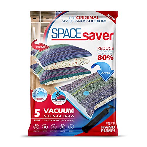 SPACESAVER Bolsas de Almacenamiento al vacío Premium. 80% más de Almacenamiento. Bomba de Mano para Viajes. Doble Cierre y válvula de Cierre Triple para Ahorro de Espacio máximo. (Small 5 Pack)