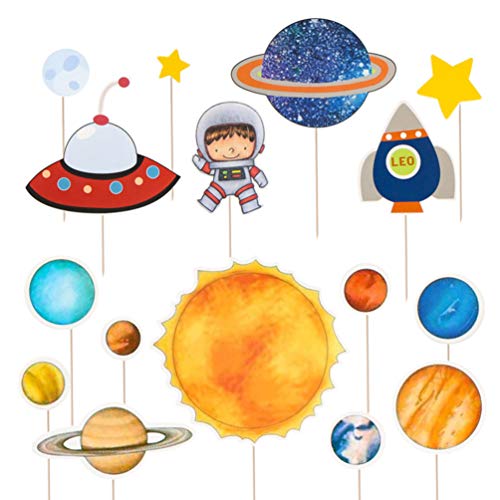 Toyvian Cake Topper Planet Space Universe Moon Astronaut Star Cute Decor Party Supplies for Baby Shower Birthday 16pcs