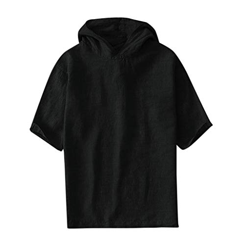 TUDUZ Camisetas Hombre Manga Corta Camisa Casual de Algodón y Lino de Color Liso Ropa con Capucha (Negro XXL)
