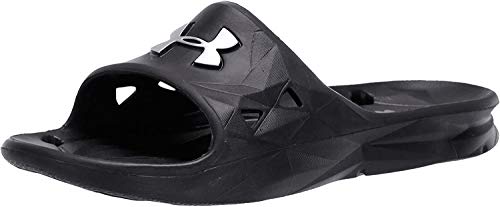 Under Armour Slides UA Locker III Chanclas de hombre, zapatos para playa de secado rápido, chanclas con correa ideales para el vestuario y la piscina, Black/Metallic Silver (001), 11