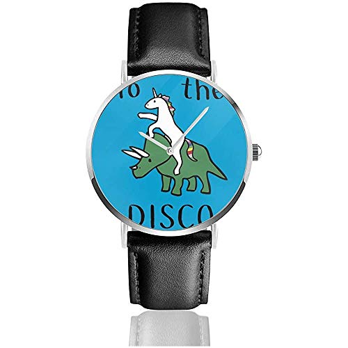 Unicrons Ride Dinosaurs to The Disco Watches Reloj de Cuero de Cuarzo con Correa de Cuero Negra para Regalo de colección