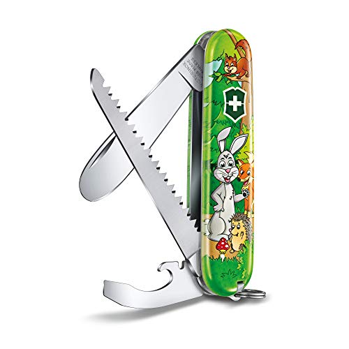 Victorinox Juego de navaja para niños, edición de conejos (9 funciones, hoja sin punta, destornillador, sierra para madera), incluye cinta para el cuello y libro para colorear