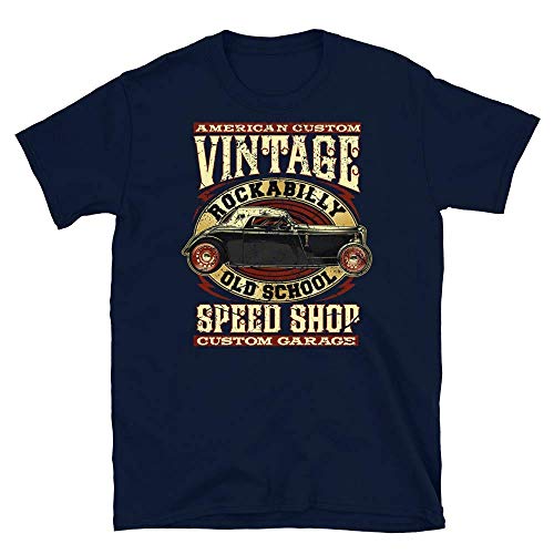 Vintage Rockabilly Hot Rod, Basic Camiseta de Manga Corta Unisex, T-Shirt, S - 3XL Navy 2XL